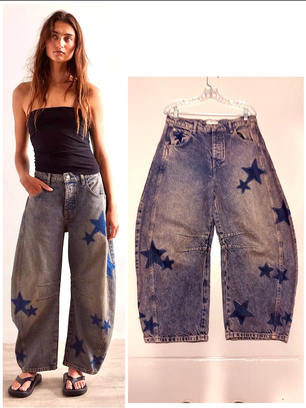 NEW Free People x WTF Good Luck Shadow Patch Barrel Jeans -Dark Wash w/ Stars ⭐️ - Picture 16 of 16